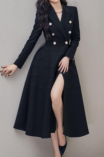 Woochic blazer robe double boutonnage fendu le côté col revers élégant noir Noir XS